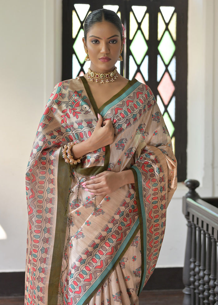 Cream Tussar Silk Saree With Blouse Piece