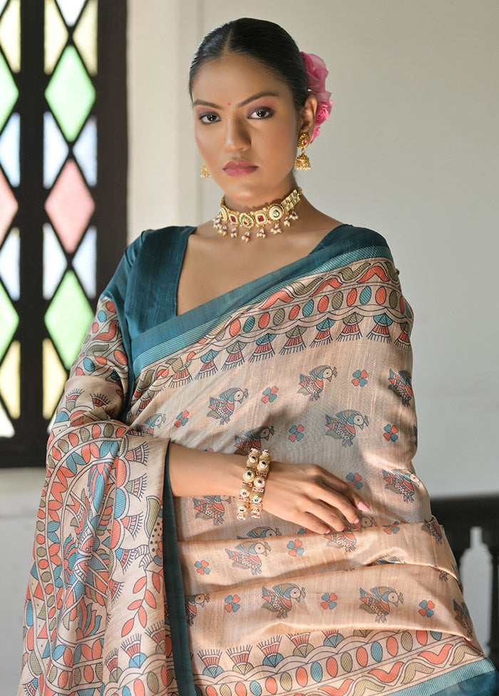 Cream Tussar Silk Saree With Blouse Piece