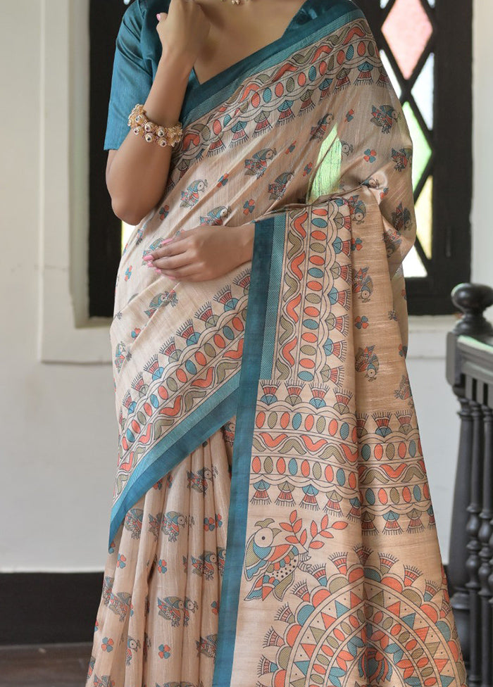 Cream Tussar Silk Saree With Blouse Piece