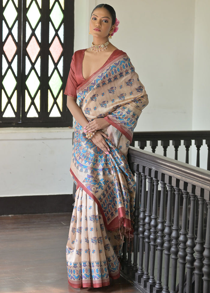 Cream Tussar Silk Saree With Blouse Piece