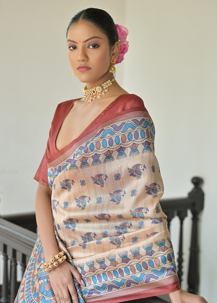 Cream Tussar Silk Saree With Blouse Piece