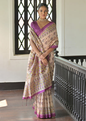 Cream Tussar Silk Saree With Blouse Piece