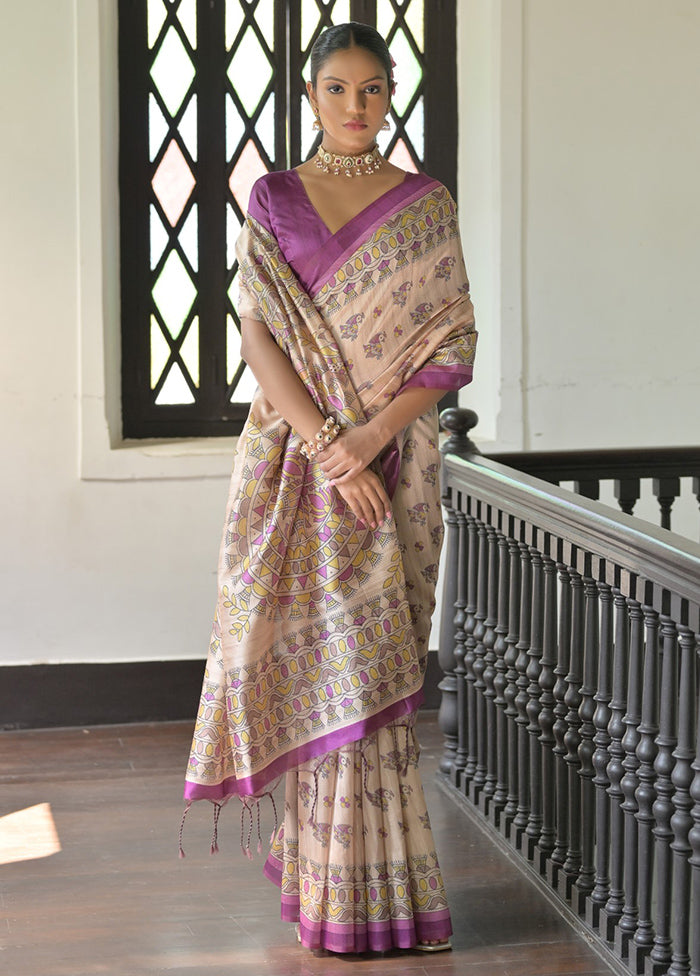 Cream Tussar Silk Saree With Blouse Piece