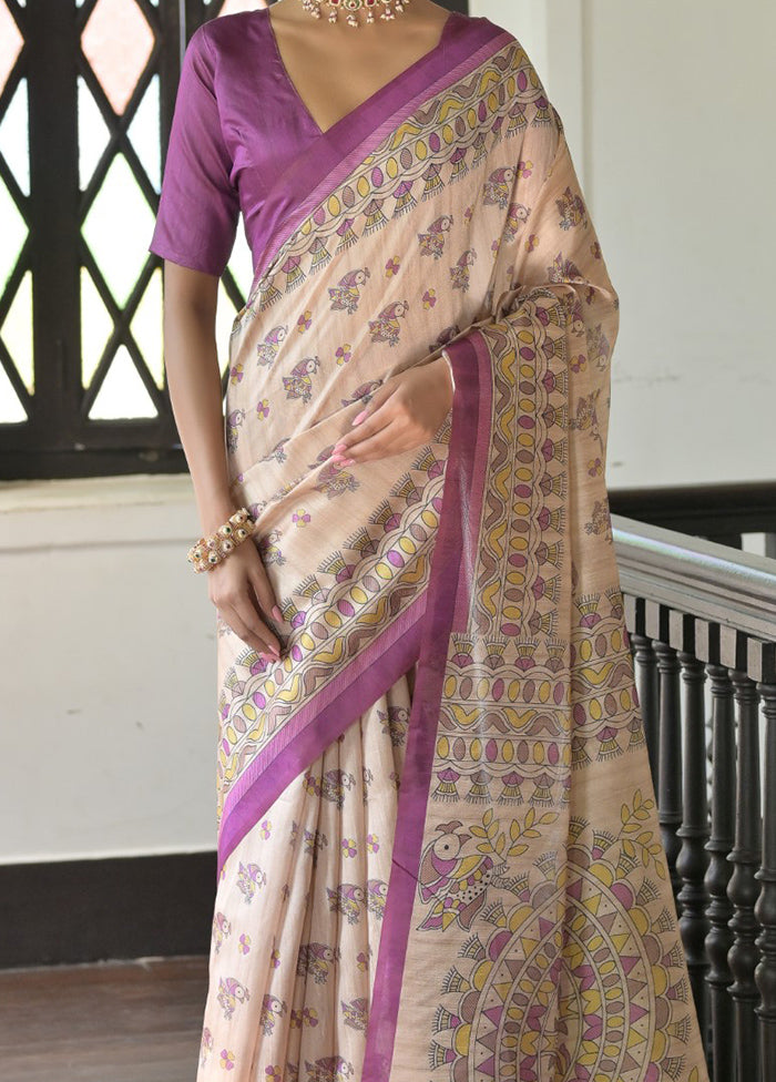 Cream Tussar Silk Saree With Blouse Piece