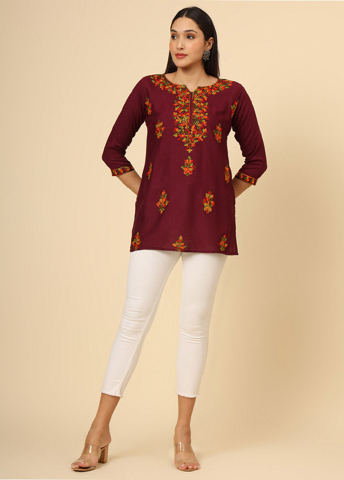 Maroon Readymade Rayon Short Kurti