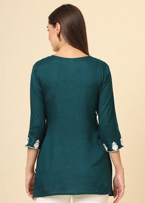 Teal Readymade Rayon Short Kurti