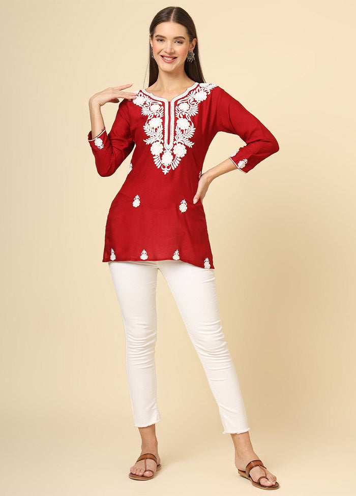 Red Readymade Rayon Short Kurti