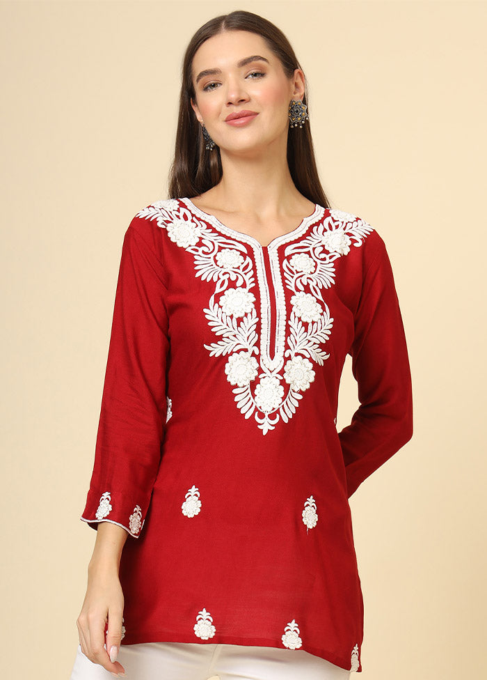 Red Readymade Rayon Short Kurti