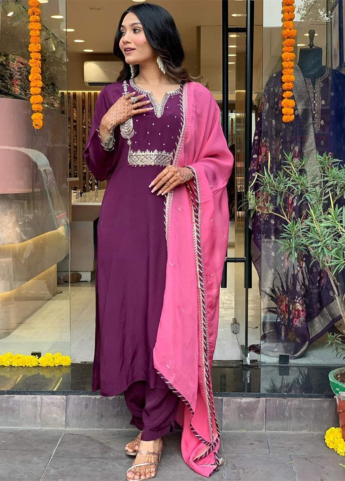 3 Pc Wine Readymade Silk Suit Set