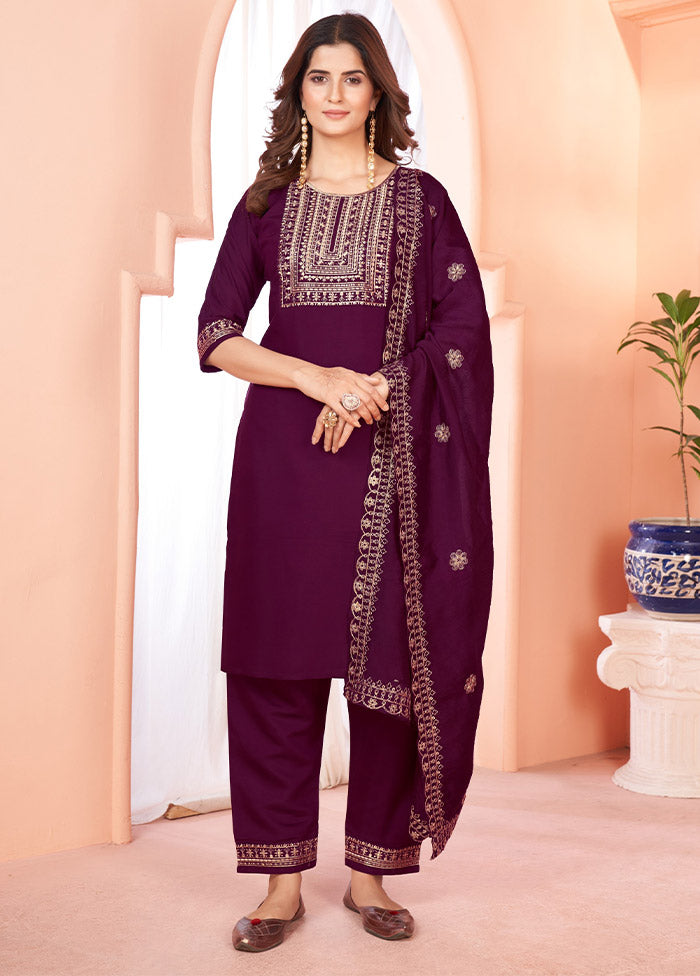 3 Pc Wine Readymade Viscose Suit Set