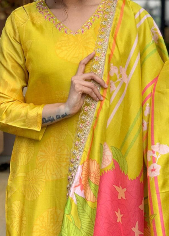 3 Pc Yellow Readymade Silk Suit Set