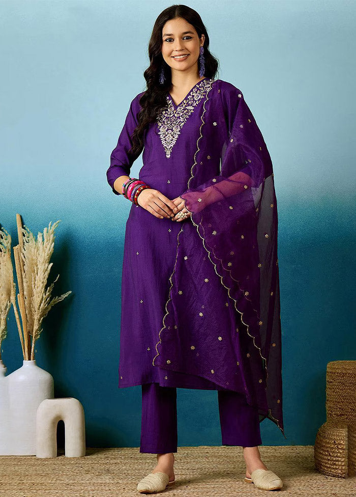 3 Pc Purple Readymade Chanderi Suit Set