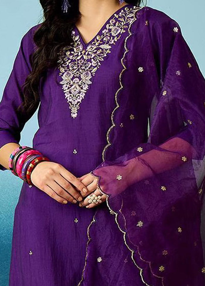 3 Pc Purple Readymade Chanderi Suit Set