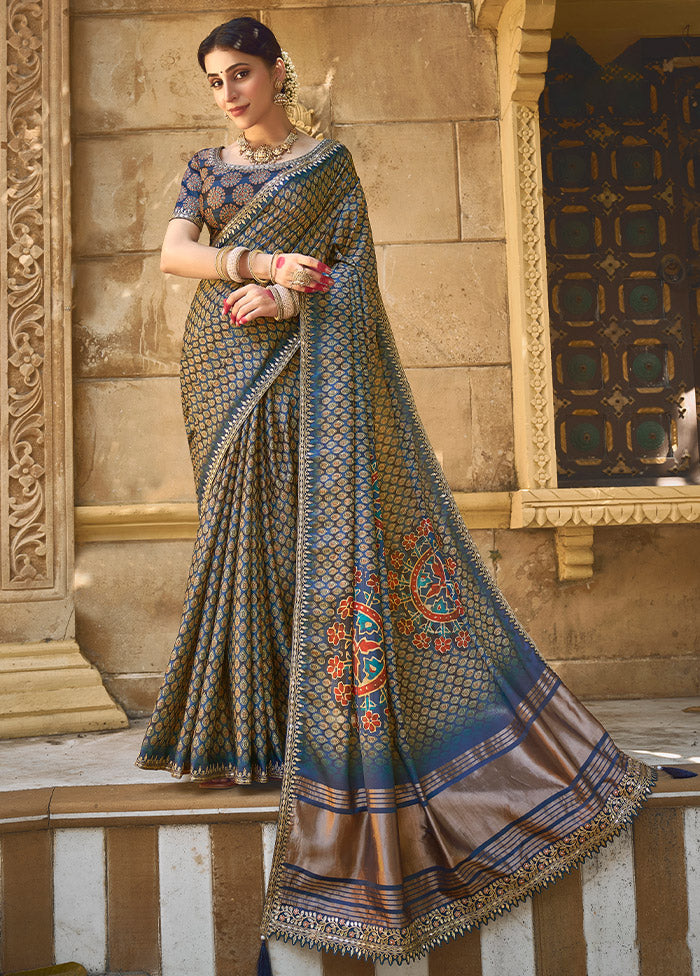 Navy Blue Dupion Silk Saree With Blouse Piece