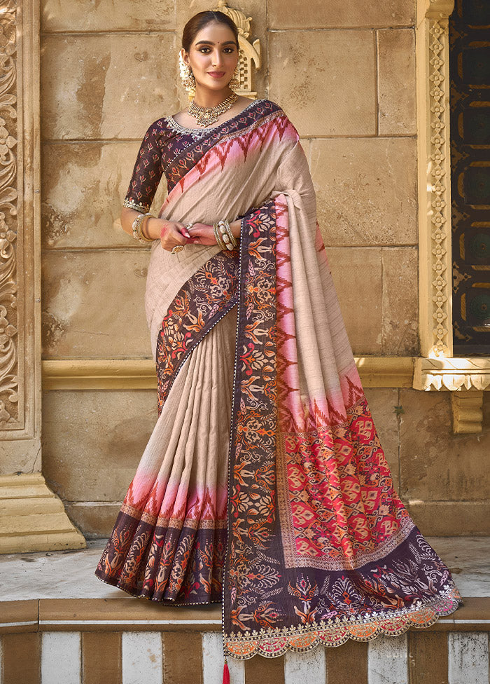 Beige Dupion Silk Saree With Blouse Piece