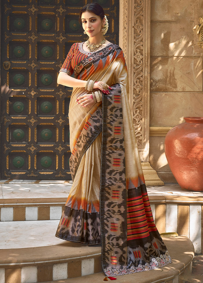 Beige Dupion Silk Saree With Blouse Piece