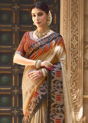 Beige Dupion Silk Saree With Blouse Piece