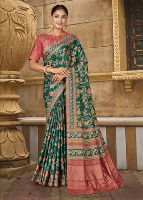 Green Dupion Silk Saree With Blouse Piece