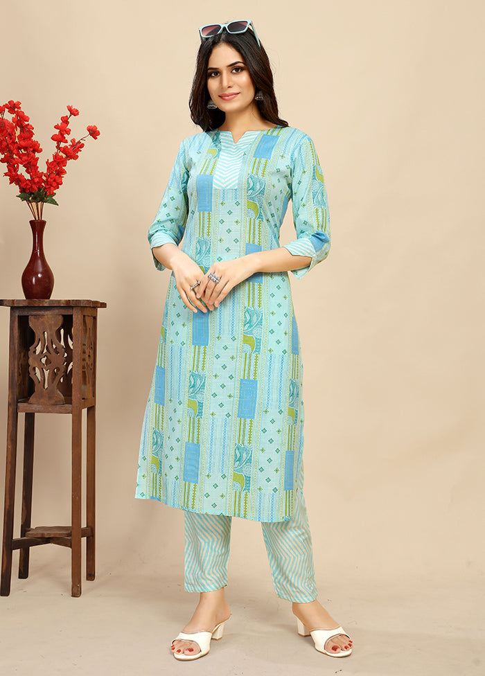 2 Pc Sky Blue Readymade Cotton Kurti Set