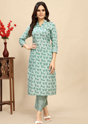 2 Pc Green Readymade Cotton Kurti Set