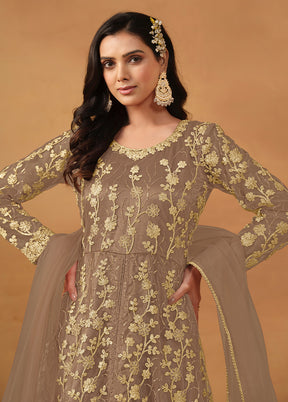 3 Pc Brown Semi Stitched Net Suit Set