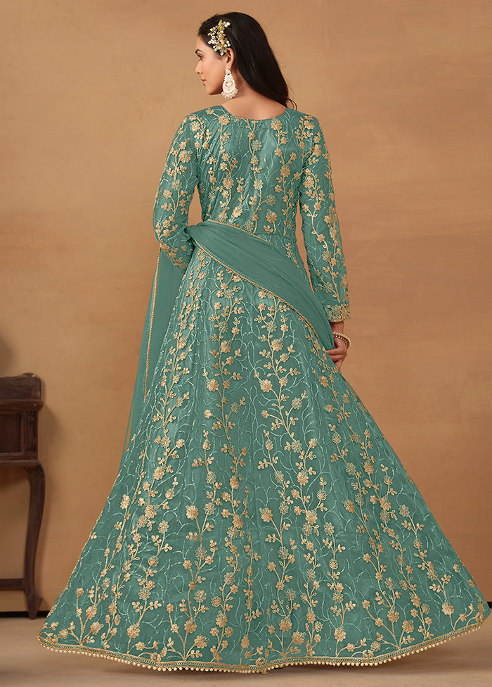 3 Pc Green Semi Stitched Net Suit Set