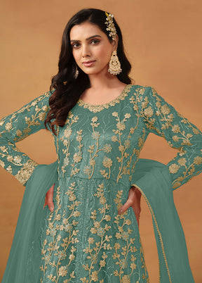 3 Pc Green Semi Stitched Net Suit Set