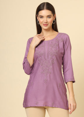 Purple Readymade Rayon Short Kurti