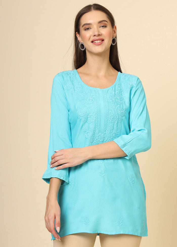 Blue Readymade Rayon Short Kurti