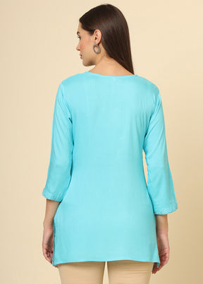 Blue Readymade Rayon Short Kurti