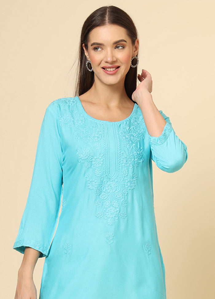 Blue Readymade Rayon Short Kurti