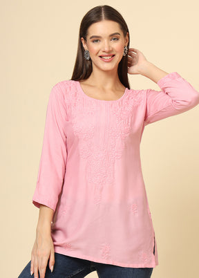 Pink Readymade Rayon Short Kurti