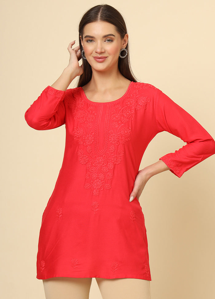 Red Readymade Rayon Short Kurti