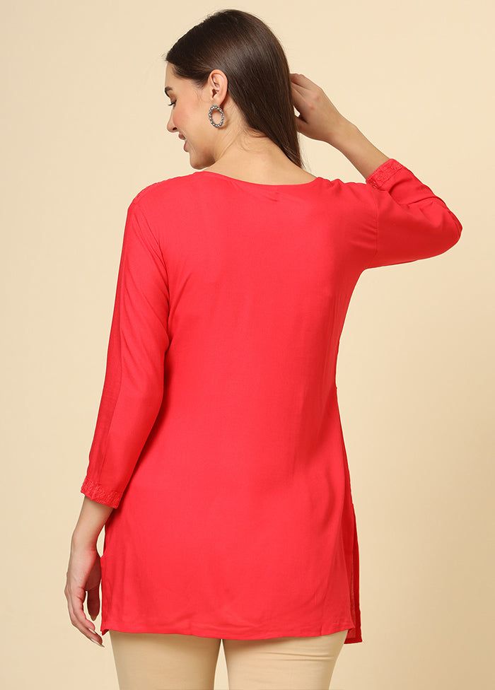 Red Readymade Rayon Short Kurti