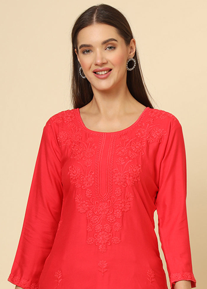 Red Readymade Rayon Short Kurti