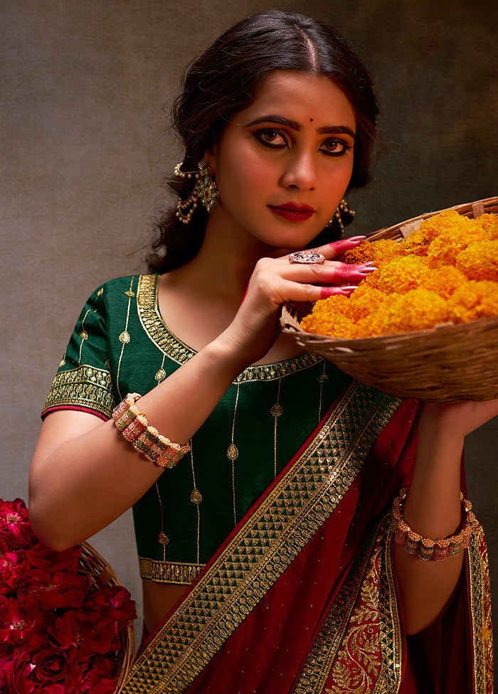 Maroon Satin Silk Saree With Blouse Piece