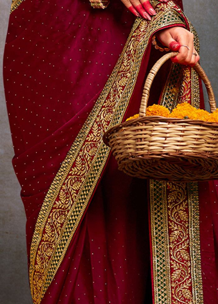 Maroon Satin Silk Saree With Blouse Piece