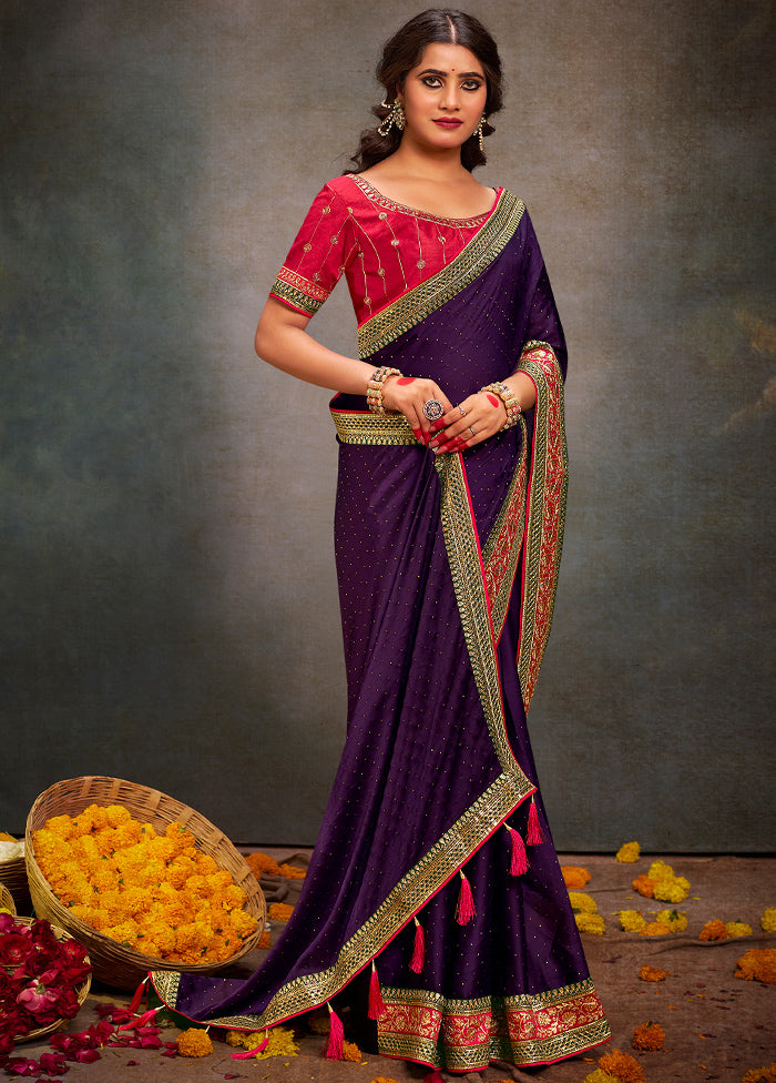 Purple Satin Silk Saree With Blouse Piece