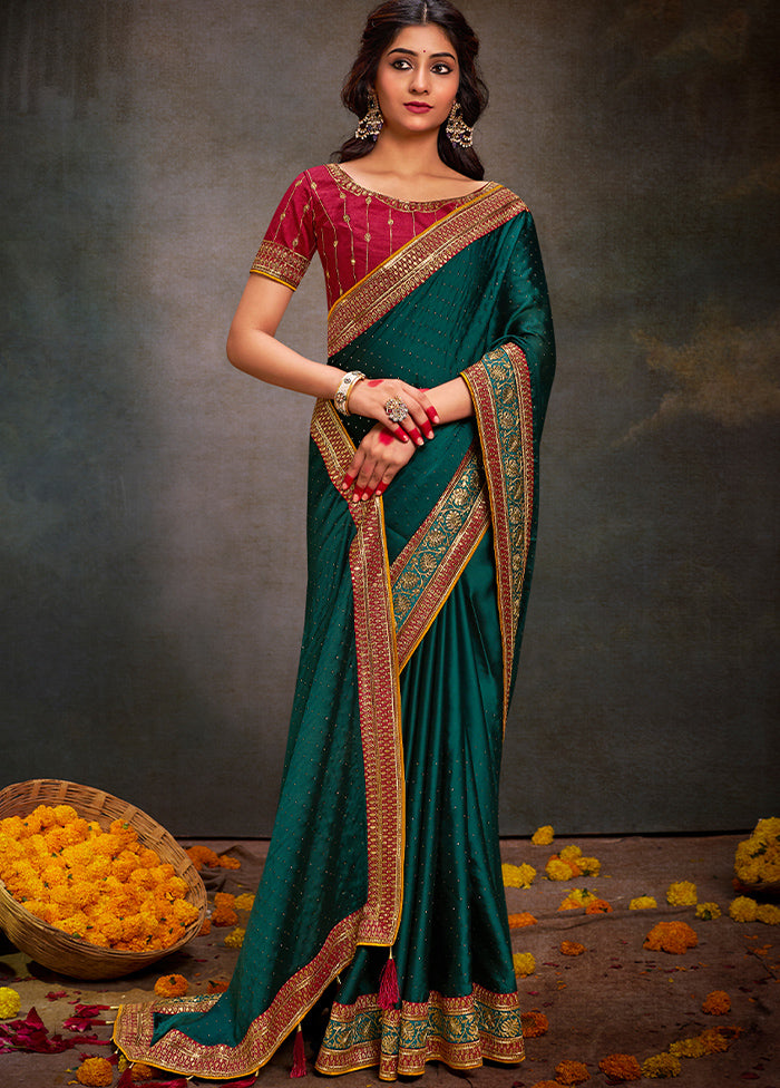 Bottle Green Satin Silk Saree With Blouse Piece