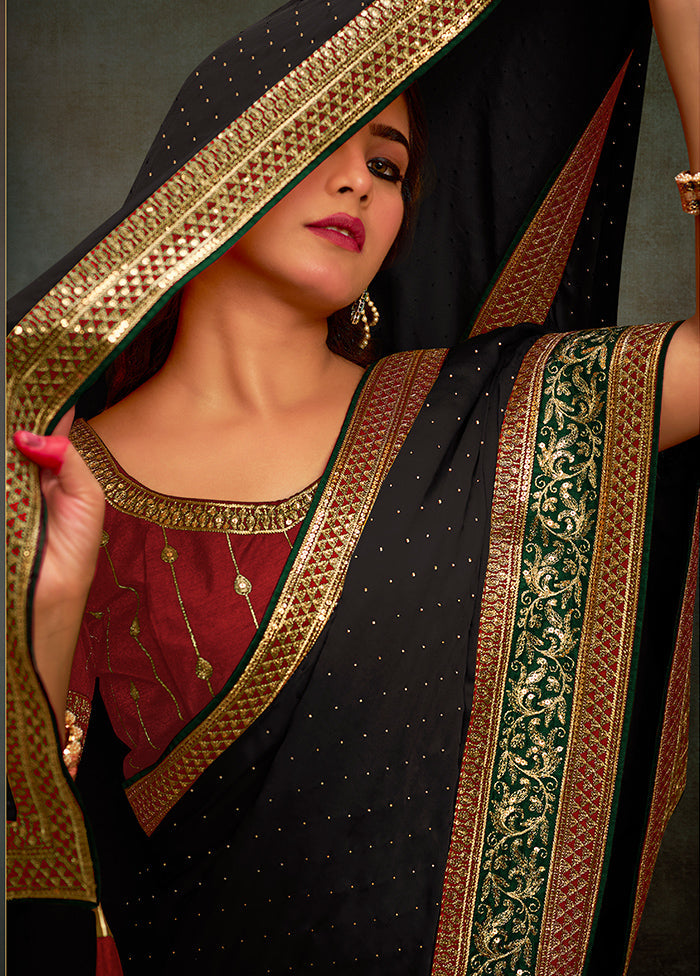 Black Satin Silk Saree With Blouse Piece