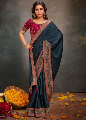 Teal Satin Silk Saree With Blouse Piece