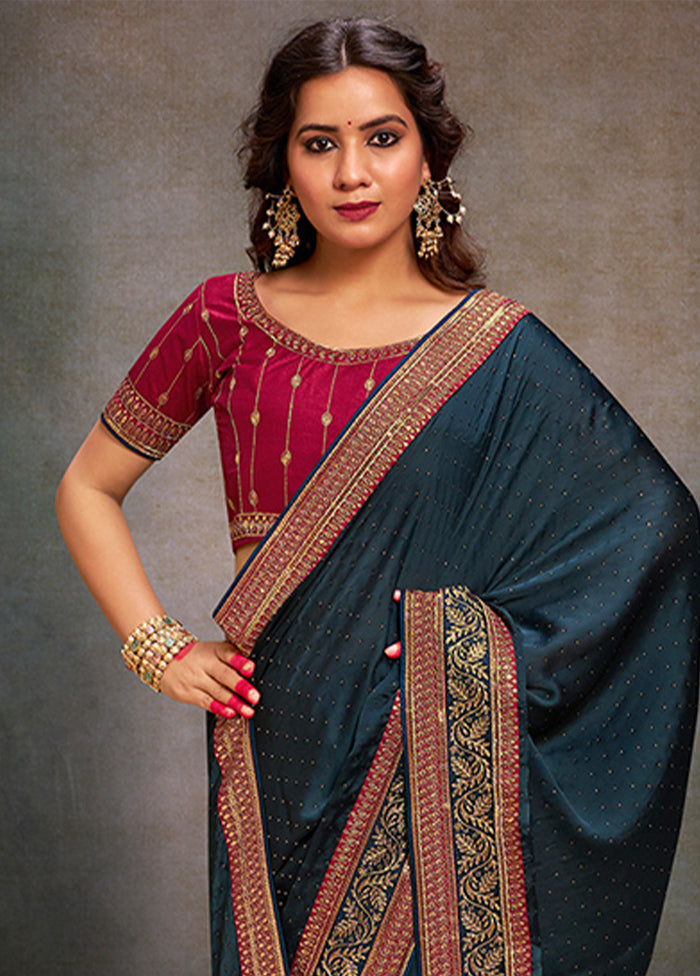 Teal Satin Silk Saree With Blouse Piece