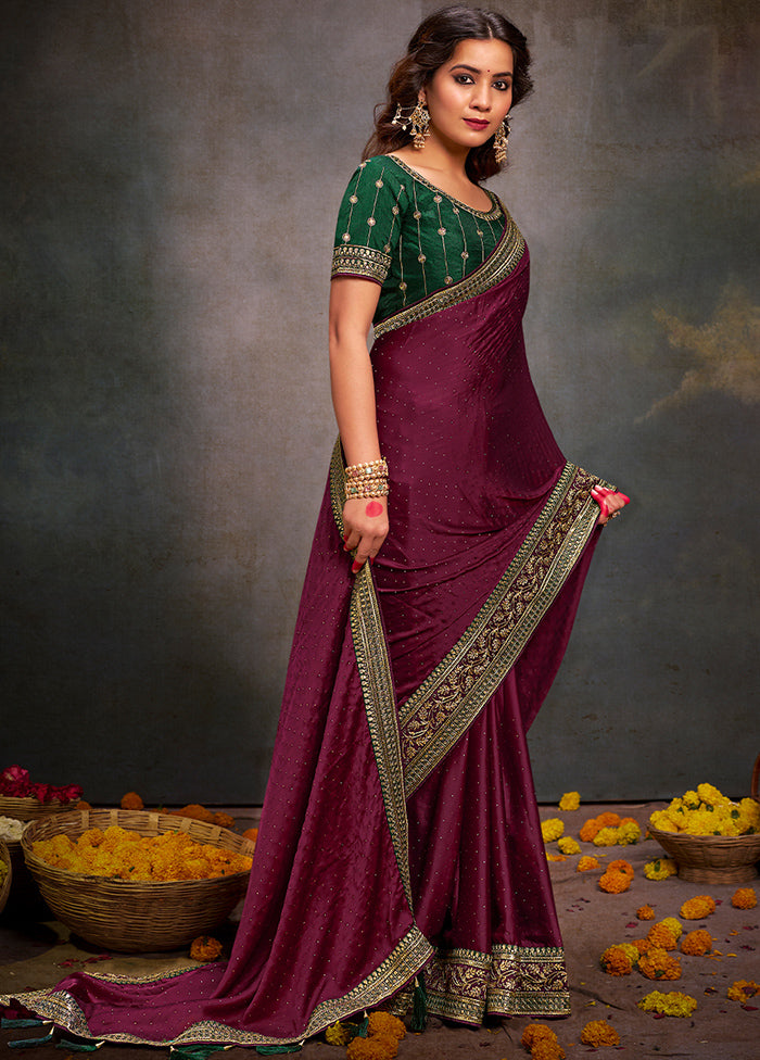 Wine Satin Silk Saree With Blouse Piece