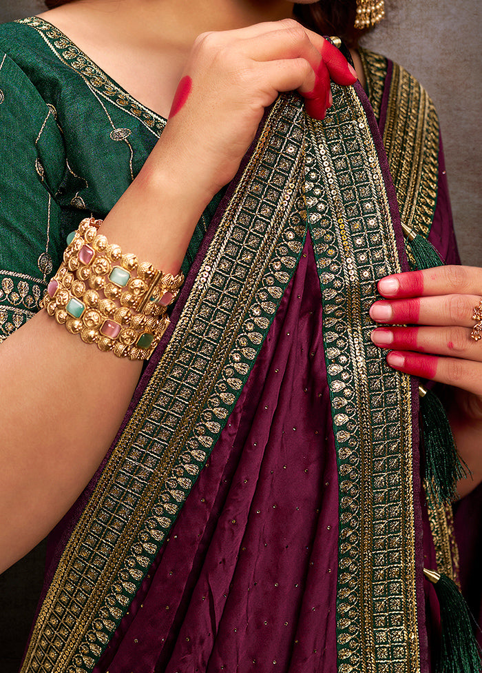 Wine Satin Silk Saree With Blouse Piece