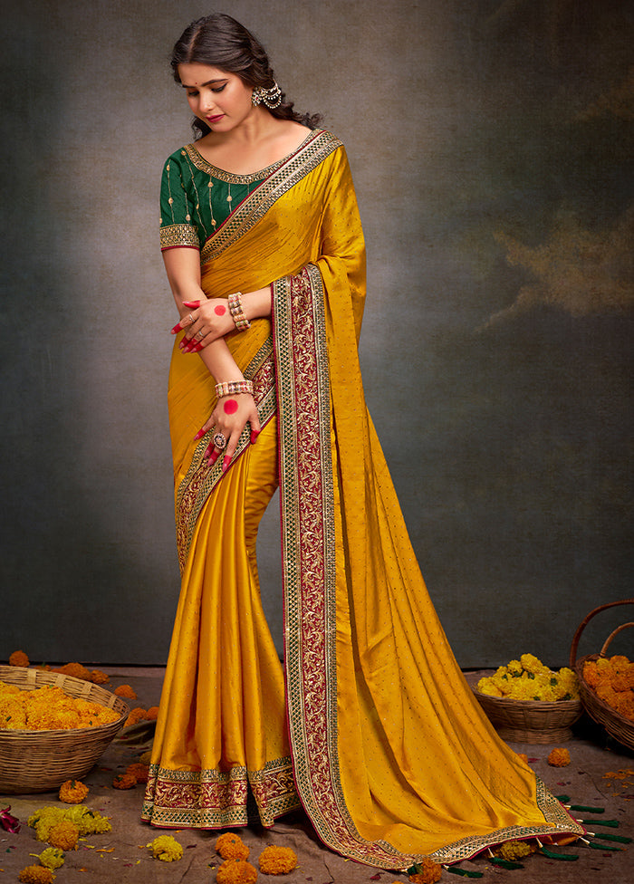 Yellow Satin Silk Saree With Blouse Piece