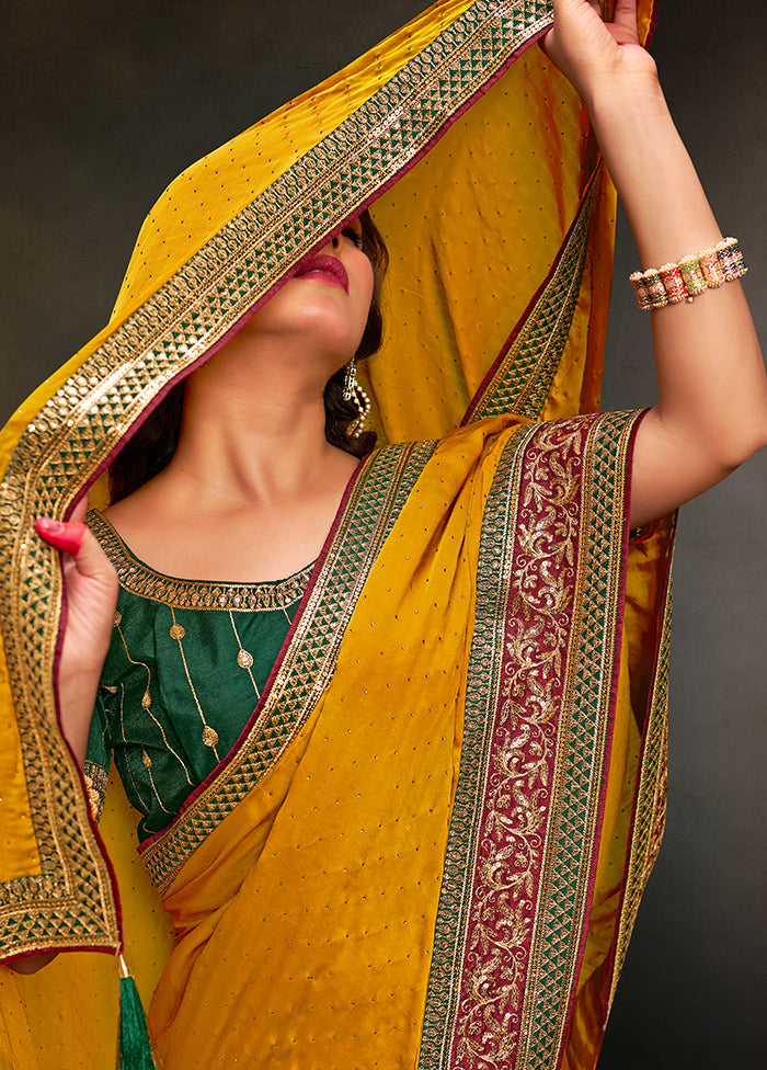 Yellow Satin Silk Saree With Blouse Piece