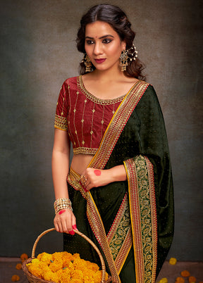 Mehendi Satin Silk Saree With Blouse Piece