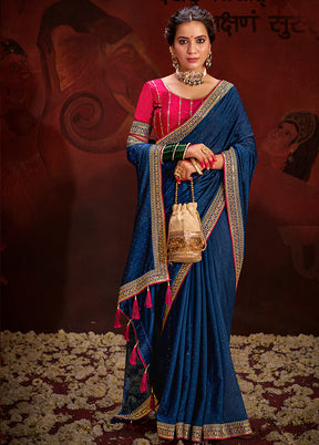 Blue Dupion Silk Saree With Blouse Piece