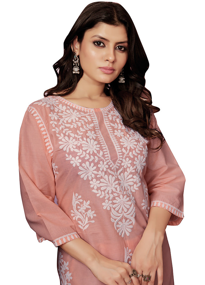 2 Pc Peach Readymade Cotton Kurti Set