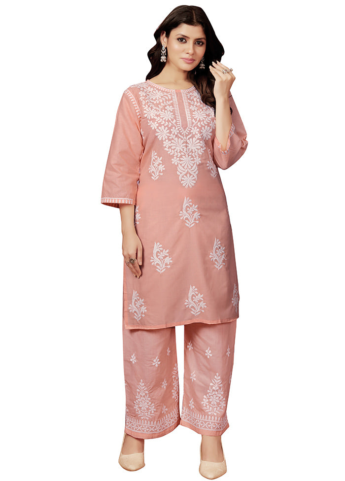 2 Pc Peach Readymade Cotton Kurti Set